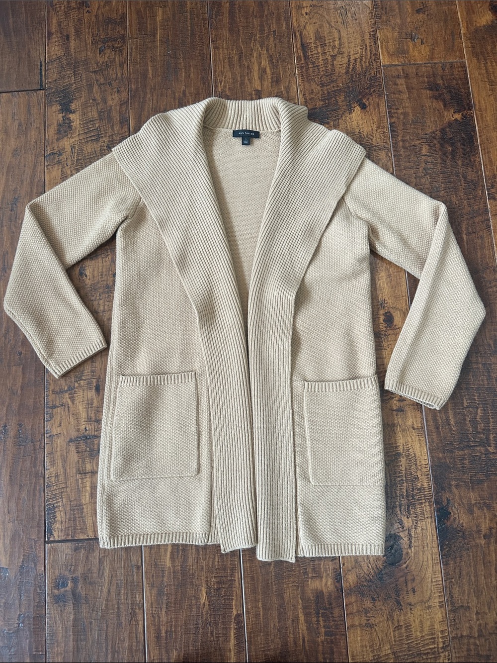 Ann Taylor Khaki Open-Front Ribbed Shawl Collar Long Cardigan